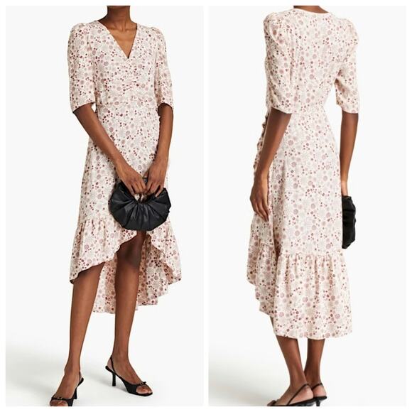 Sandro Paris Women's Trinidad Plein Soleil Faux Wrap Hi Lo Midi Dress Size 8 - Picture 2 of 14